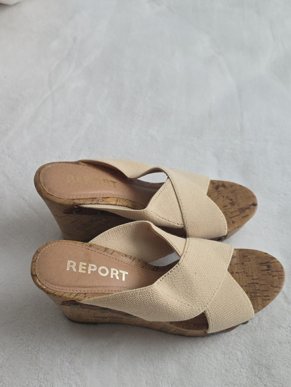 REPORT Neutral Beige Canvas Cork Wedge Sandals